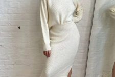 11 a fresh winter look with a creamy knit suit – a turtleneck and a midi skirt with a slit plus black combat boots