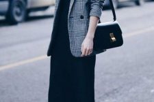 12 a black slip midi dress, a grye plaid blazer, black boots and a black bag for a simple and chic work outfit