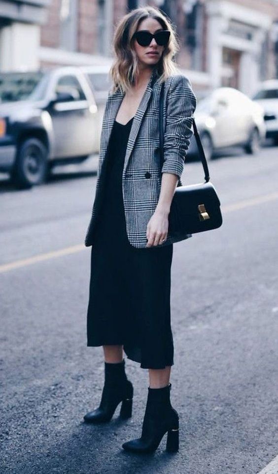a black slip midi dress, a grye plaid blazer, black boots and a black bag for a simple and chic work outfit