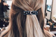 14 medium length hair with a half updo and a celestial barrette is a lovely idea for a NYE party and won’t take much time to make