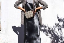 16 a chic spring or fall work look with a striped tee, a grey slip midi dress, a grey plaid oversized blazer, black boots and a printed bag
