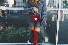 16 a grey chunky knit mini sweater dress, burgundy suede over the knee boots, a cap and a velvet bag
