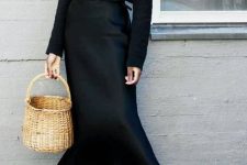 17 a chic fall work look with a black slip midi dress, a black jumper and a belt to highlight the waistline, black shoes and a basket