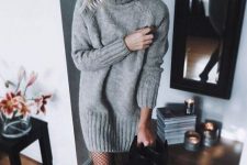 17 a grey sweater mini dress with a turtleneck and long sleeves, net tights and black boots – just add statement accessories and go
