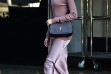 20 a refined and cool work look with a mauve turtleneck, a matching slip midi skirt, silver shoes and a black bag