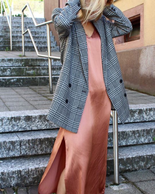 a lovely work outfit with a pink slip midi dress and an oversized grey plaid blazer for fall