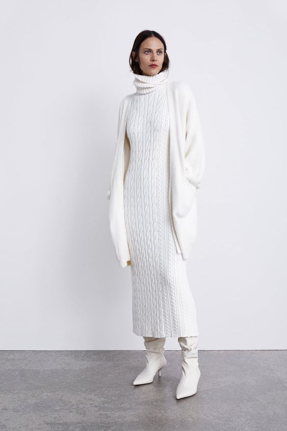 an all-white holiday look with a white knit midi turtleneck dress, white boots with kitten heels and a white cardigan for additional coziness