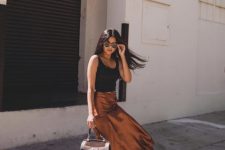 29 a gorgeous summer work look with a black tank top, a rust-colored slip midi skirt, black slingbacks and a brown bag