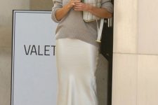 29 a refined and simple work outfit with a grey sweater, a creamy slip midi dress, strappy shoes and a creamy woven bag