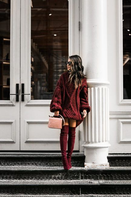 an oversized chunky knit mini sweater dress, burgundy over the knee boots and a blush mini bag