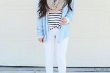 With black and white striped loose shirt, light blue loose jacket, white pants and gray suede boots