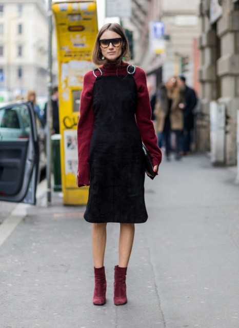 With black leather clutch, sunglasses and marsala velvet ankle boots