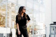 With black leather cropped pants, black bag, rounded sunglasses and leopard printed pumps
