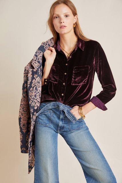 With floral printed blazer and belted flare jeans