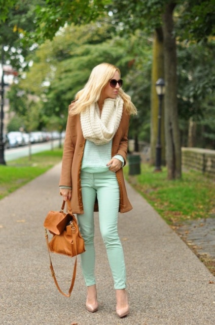 With striped shirt, brown long cardigan, sunglasses, brown leather bag, mint green pants and beige pumps
