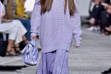 a periwinkle look with a chunky knit sweater dress, a matching midi skirt, white and periwinkle shoes and a dyed bag