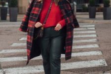 a pretty holiday look with a red chunky knit sweater, dark green cropped leather pants, black sude boots, a red plaid coat and a printed bag
