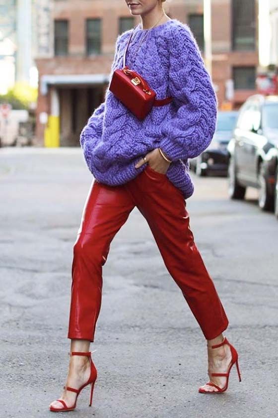 a cozy sweater winter look in bold colors