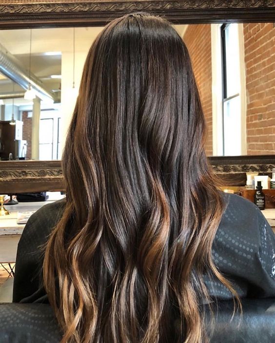 long and a bit wavy cold brew hair with a bit of honey and caramel balayage on the tips and in the lower part looks trendy and chic