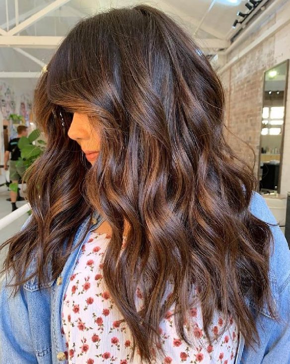 long and wavy cold brew hair with a bit of shiny chestnut and rich brown touches for dimension and more interest