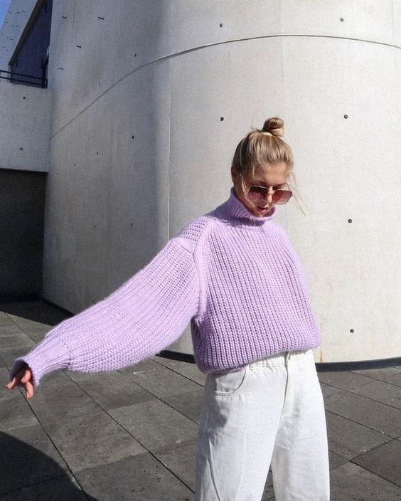 white straight leg jeans, a periwinkle chunky knit turtleneck sweater for a lovely pastel spring look