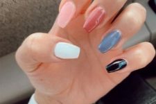 33 a bright multi-colored manicure and a coffin shape is a cool and bold idea to spruce up your look a bit