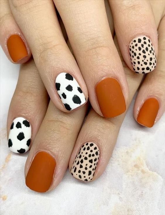 a colorful manicure with rust nails and bold animal-printed ones is a cool bold idea for the fall