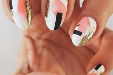 42 a super bold nail art, with pink and gold brushstrokes and black lines are a gorgeous trendy solution