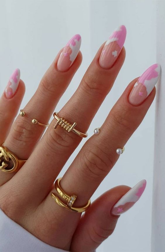 a creative French manicure option - with pink brushstrokes and abstract patterns is wow