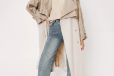 With beige V-neck loose sweater, flare jeans, white socks and black patent leather flat shoes