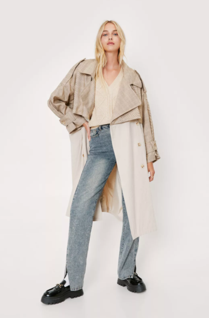 With beige V neck loose sweater, flare jeans, white socks and black patent leather flat shoes