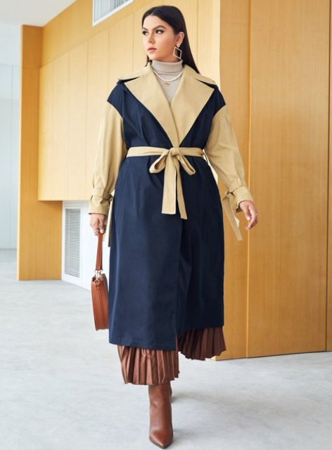 With beige turtleneck, brown leather bag, brown leather pleated maxi skirt and brown leather heeled boots