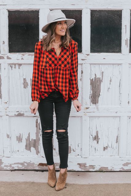 With black and red checked loose shirt, black distressed skinny jeans and brown suede ankle boots