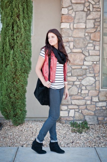With black and white striped t shirt, black scarf, pink vest, black velvet tote bag and skinny jeans