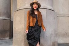 With black satin midi dress, brown suede jacket and black flat mules