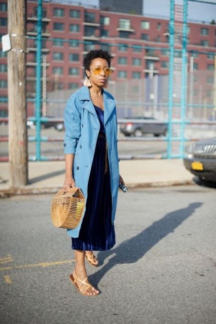With navy blue velvet midi dress, pale pink earrings, sunglasses, straw bag and beige flat shoes