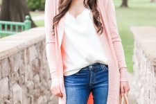 With white satin loose top, pale pink long cardigan, navy blue jeans and checked tote bag