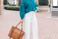 a teal sweater, white jeans, amber boots and a matching tote for comfortable winter to spring transition