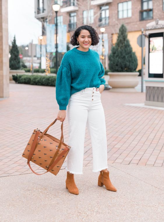 a teal sweater, white jeans, amber boots and a matching tote for comfortable winter to spring transition