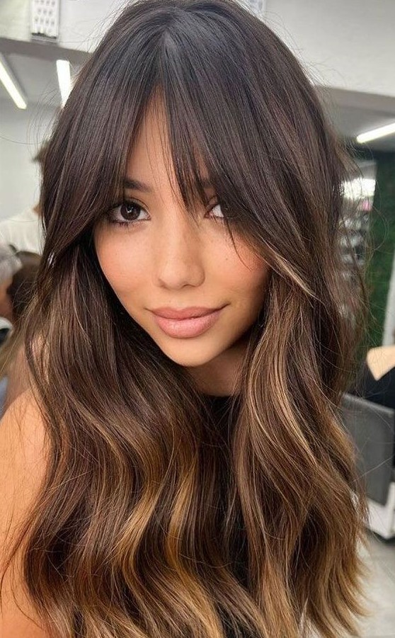 long dark brunette hair with caramel highlights and bottleneck bangs is a chic and cool idea to rock