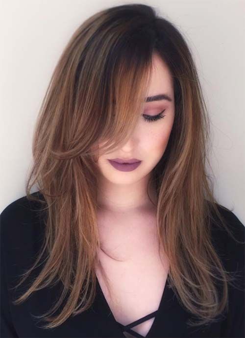 long layered hair with dark root and light brunette highlights and side bangs is a beautiful idea to rock
