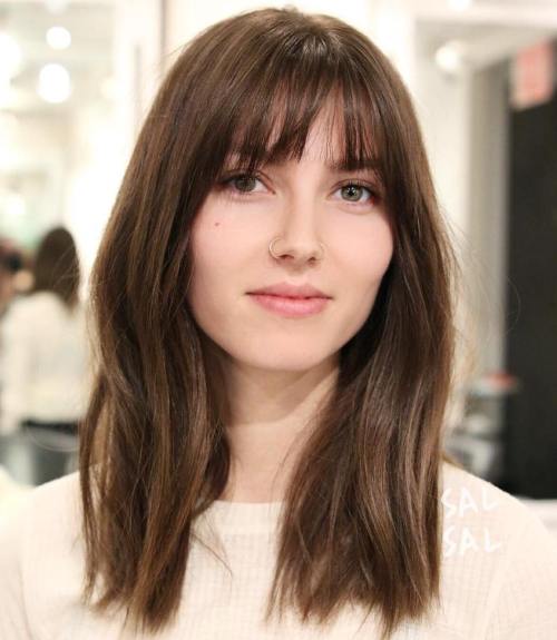 medium length brown hair with a a slightly parted thin and wispy fringe style is a great idea for thinner hair