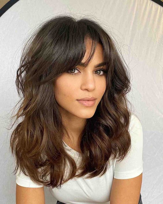 medium length dark chocolate hair with waves and texture and bottleneck bangs for a catchier look