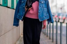02 a black midi skirt, black strappy shoes, a pink printed jumper, a blue denim jacket and a black bag for a bright look
