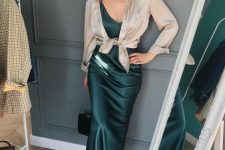 15 a beautiful green midi slip dress, white shoes, a mother of pearl shirt and a black bag
