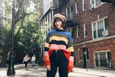 16 a bright striped jumper, black cropped jeans, hot pink shoes and a tan beret for a cool and bold brunch look