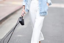 19 a chic spring brunch look with a white shirt and pants, silver ankle strap heels, a bleached denim jacket and a black bag