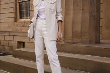 19 an elegant work look with white jeans, a white t-shirt, a neutral shirt jacket, a neutral bag and clear and black shoes