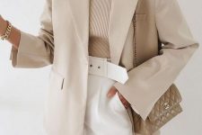 21 white high-waisted pants, a tan top, a tan oversized blazer, a grey bag for the office