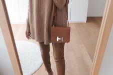 23 a classy and timeless outfit with a camel ribbed oversized jumper, leather pants, blush shoes, a camel bag